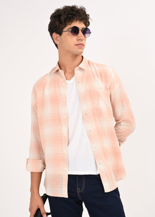 Linen-Cotton Check Shirt Peach