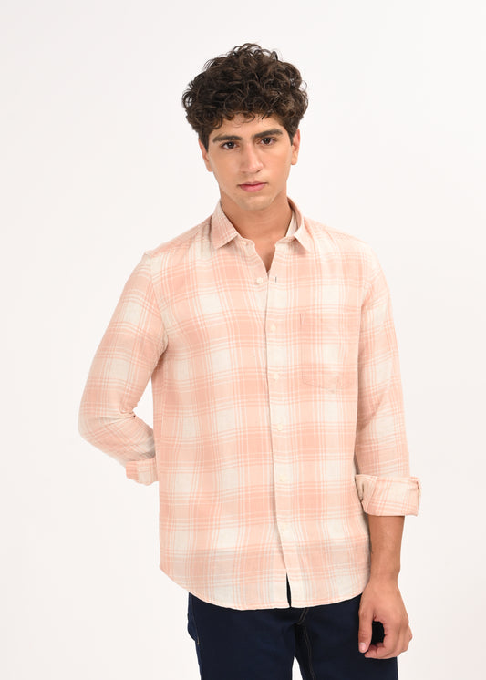 Linen-Cotton Check Shirt Peach