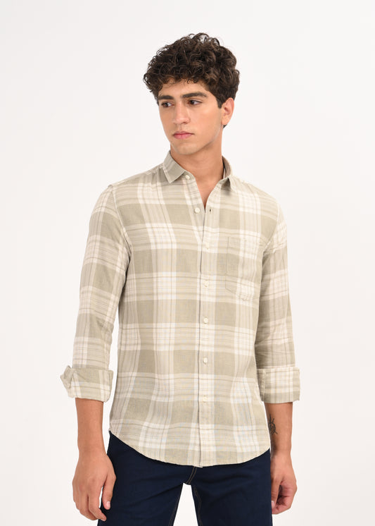 Linen-Cotton Check Shirt Lt Green