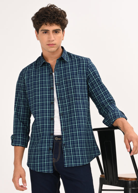 Indigo-Dyed 100% Cotton Check Shirt Green