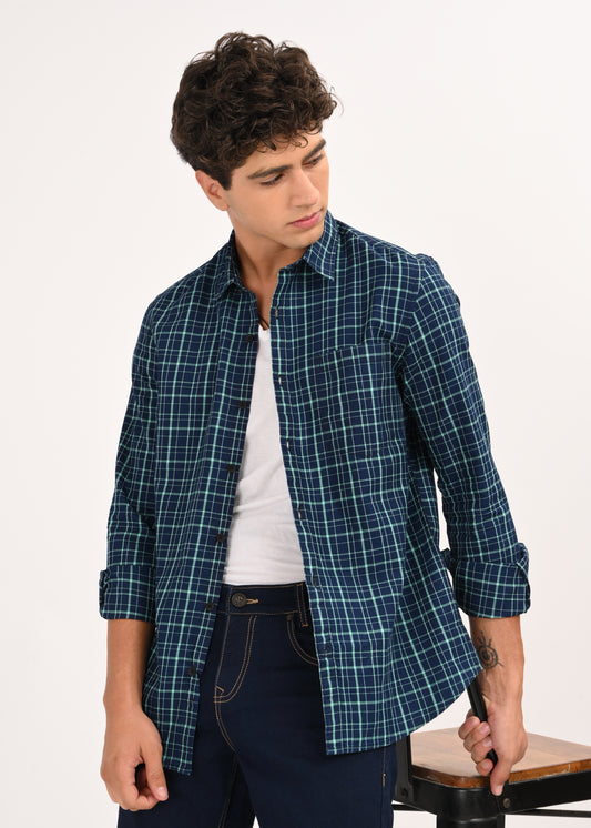 Indigo-Dyed 100% Cotton Check Shirt Green