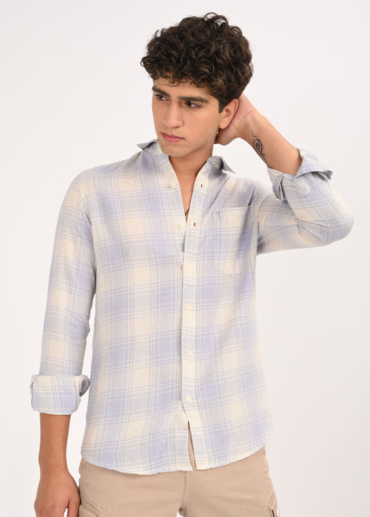 Linen-Cotton Check Shirt Blue