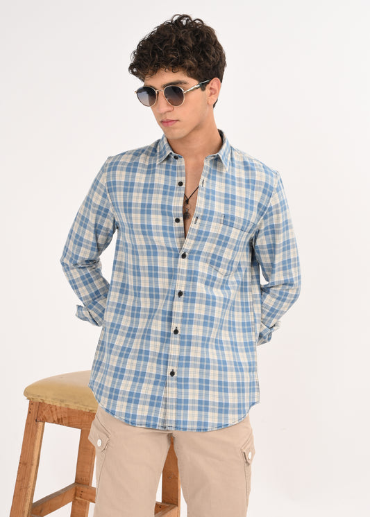 Indigo-Dyed 100% Cotton Check Shirt Beige