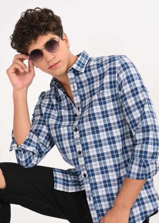 Indigo-Dyed 100% Cotton Check Shirt Lt Blue