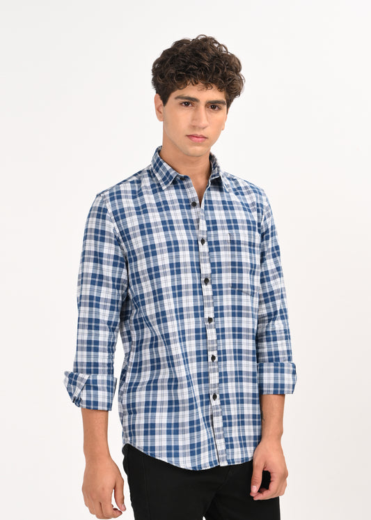 Indigo-Dyed 100% Cotton Check Shirt Lt Blue