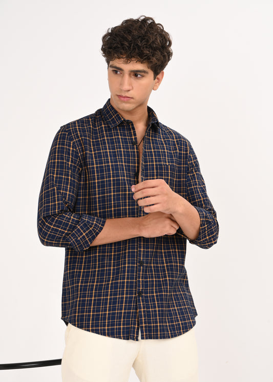 Indigo-Dyed 100% Cotton Check Shirt Navy