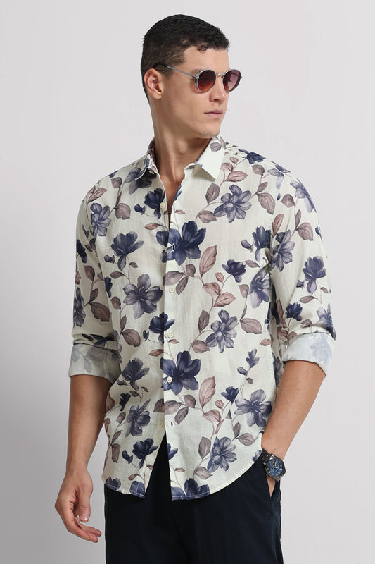 Cotton Linen Digital Printed Shirt Cream Beige