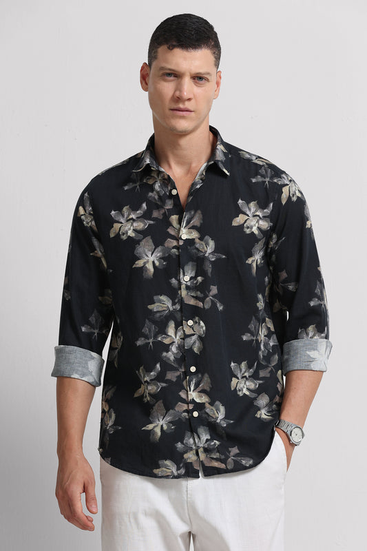 Cotton Linen Digital Printed Shirt Black Olive