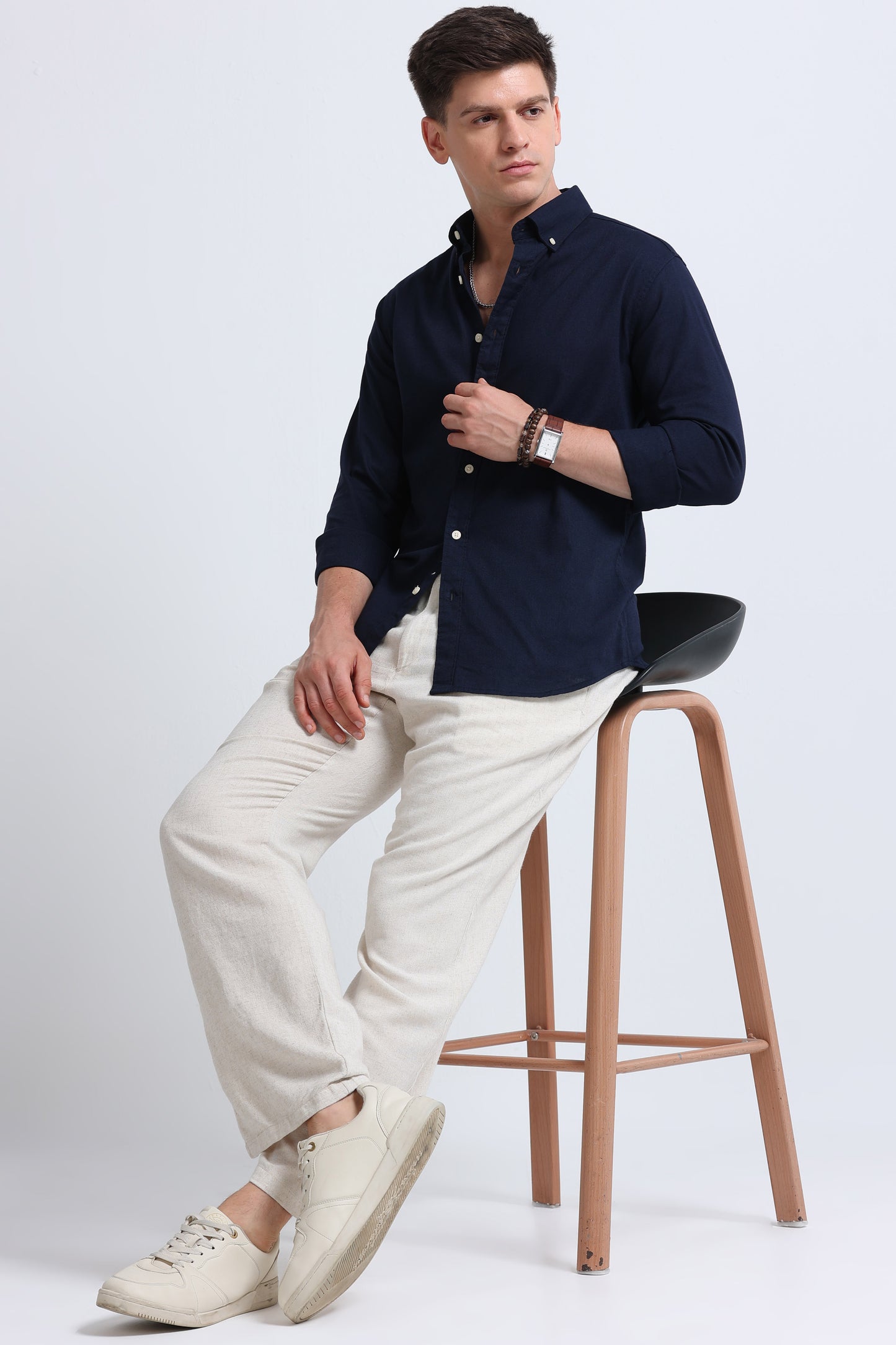 Classic Cotton Linen Button-Down Shirt Navy