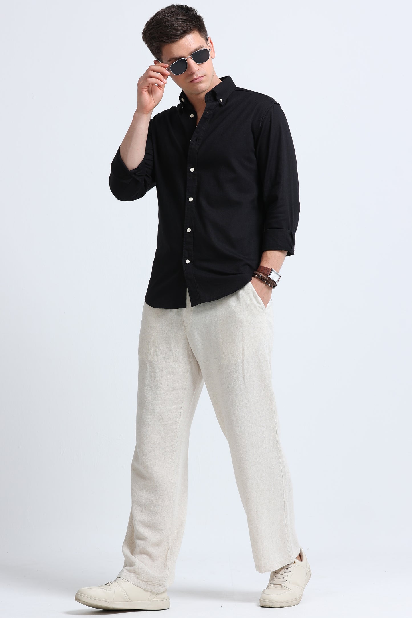 Classic Cotton Linen Button-Down Shirt Black