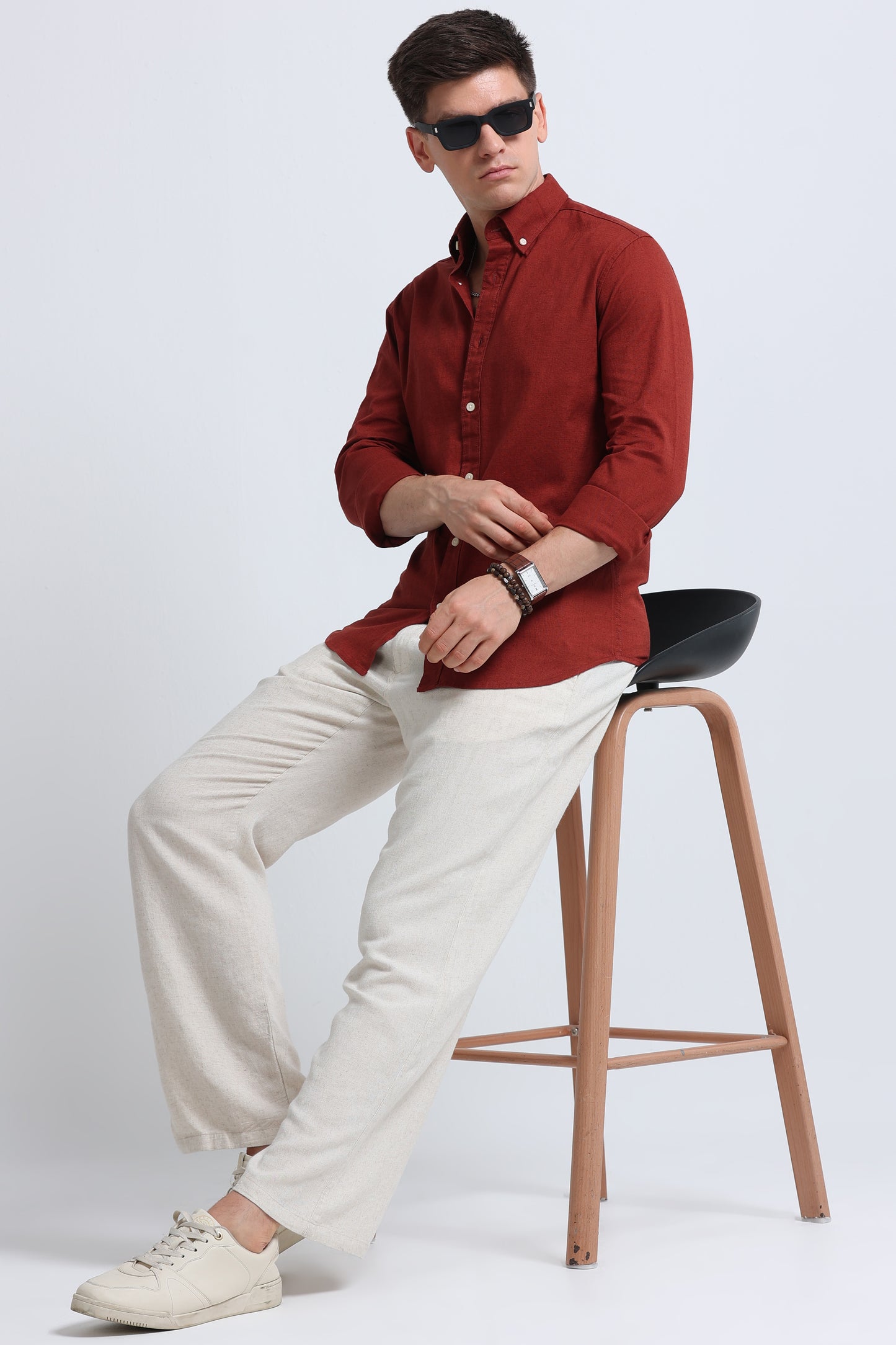 Classic Cotton Linen Button-Down Shirt Rust Brown