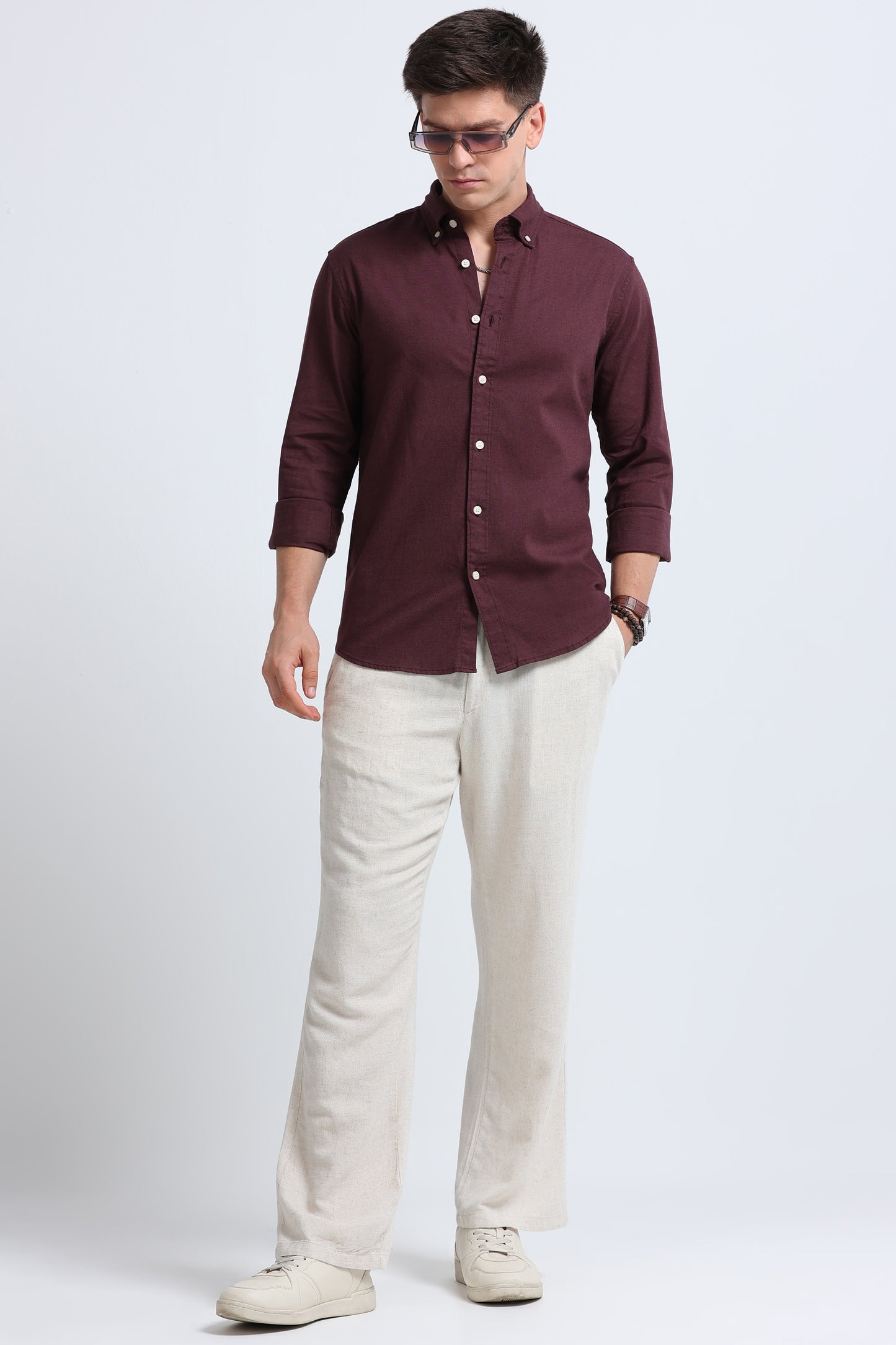 Classic Cotton Linen Button-Down Shirt Burgundy