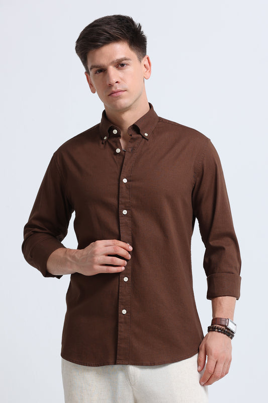 Classic Cotton Linen Button-Down Shirt Dk Brown