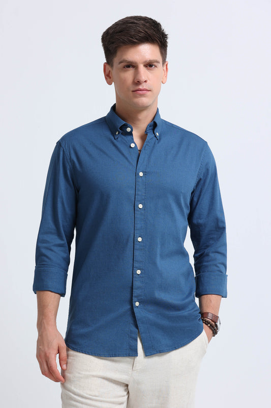 Classic Cotton Linen Button-Down Shirt Blue