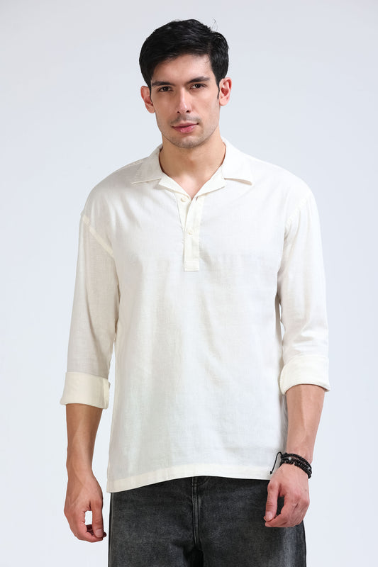 Off White Linen Short Kurta - Slim Fit