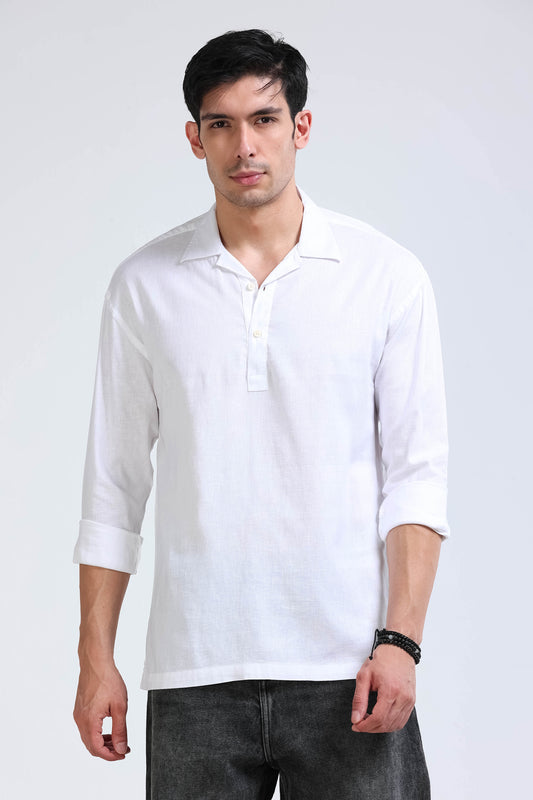 White Linen Short Kurta - Slim Fit