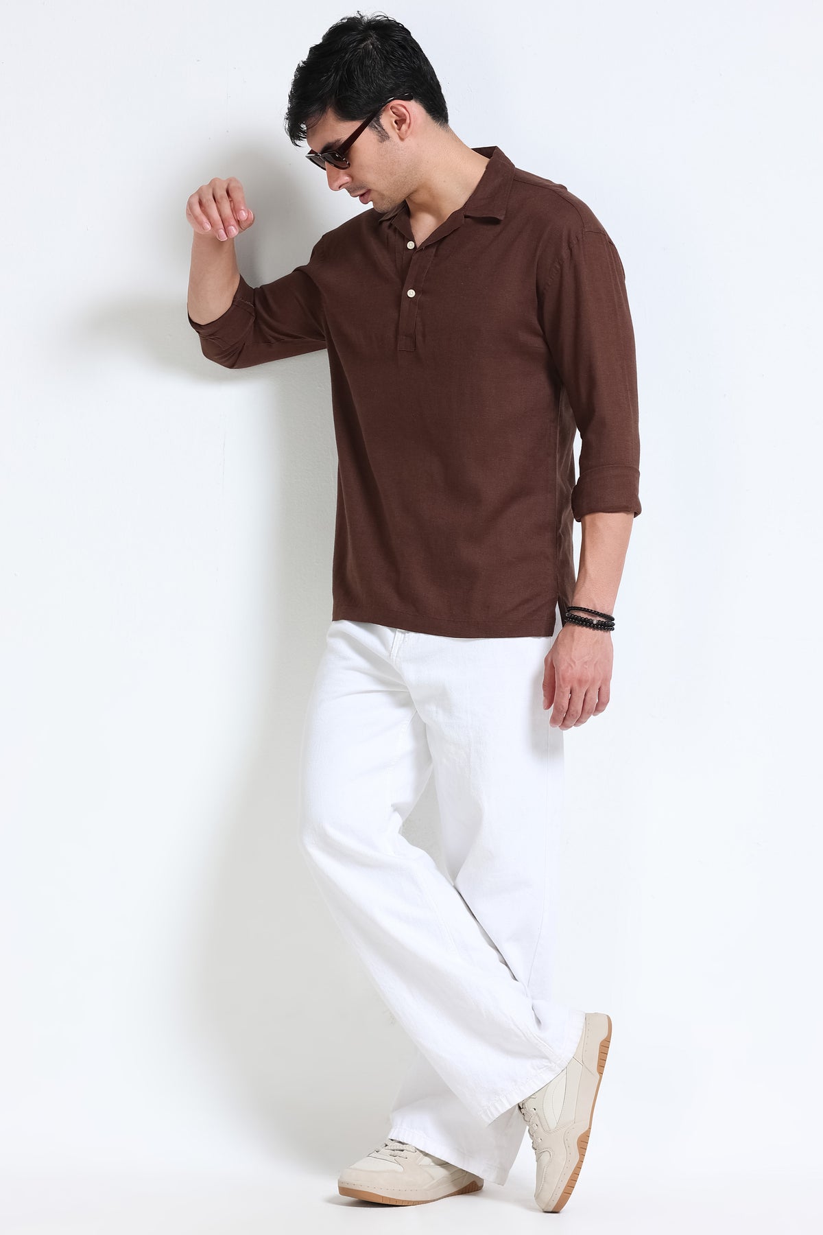 Dark Brown Linen Short Kurta - Slim Fit