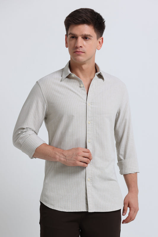 Slim Striped Cotton Oxford Shirt Lt Beige