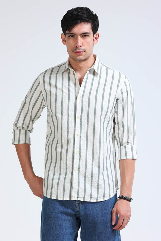 Men's Seersucker Striped Shirt Green Cream