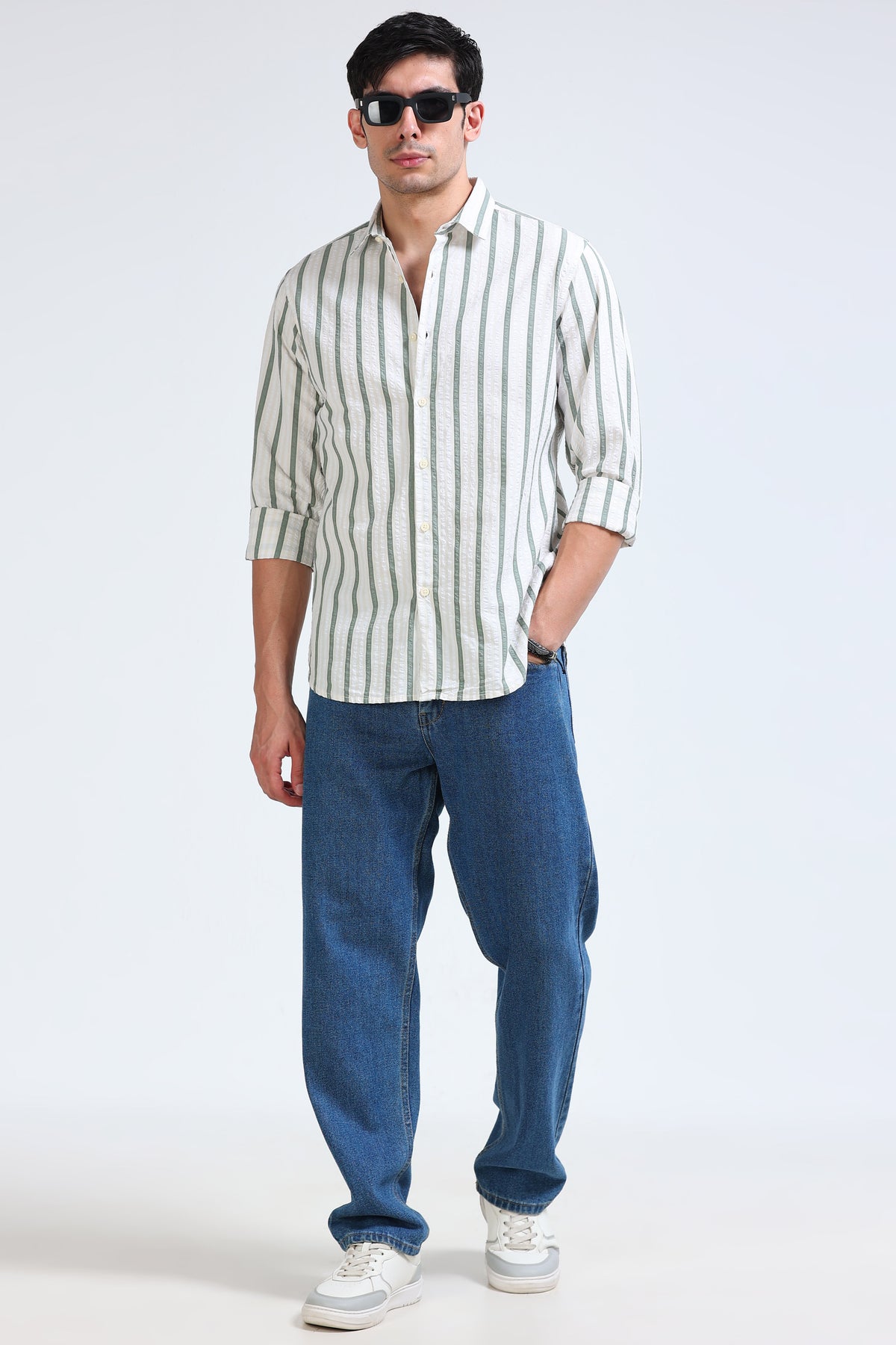 Men's Seersucker Striped Shirt Green Cream