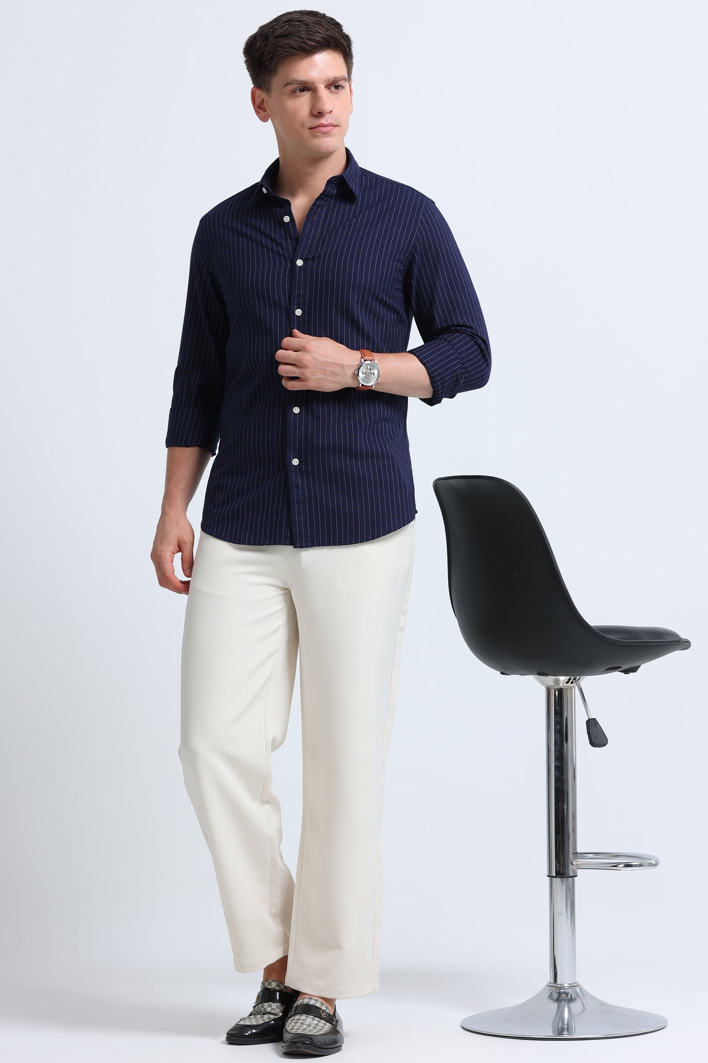 Slim Striped Cotton Oxford Shirt Navy