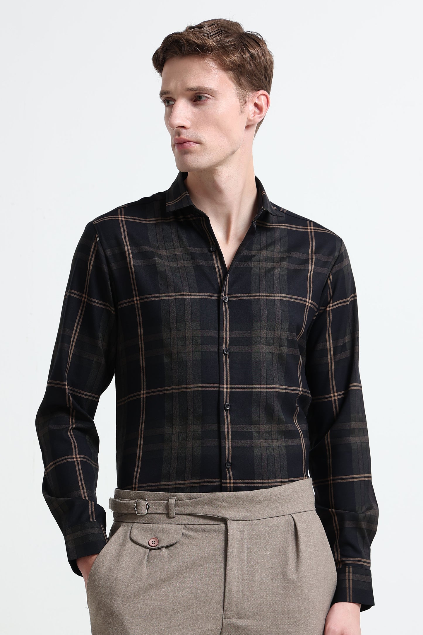Classic Checked Slim Fit Shirt Beige Black