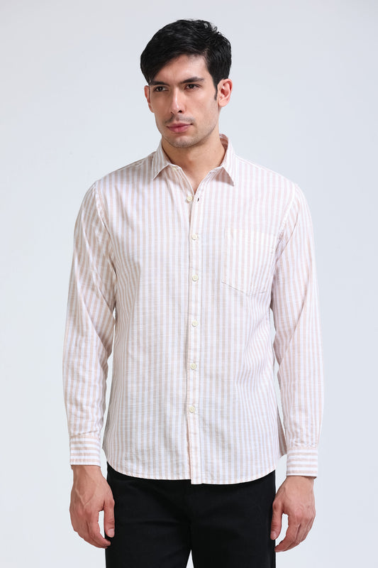 Beige White Pinstripe Shirt - Slim Fit