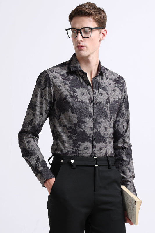 Contemporary Printed Cotton Blend Shirt Charcoal