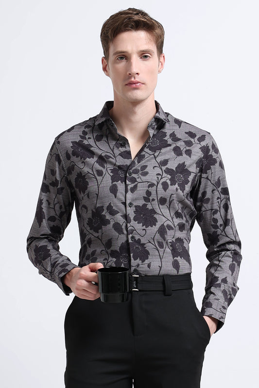 Contemporary Printed Cotton Blend Shirt Cement Grey