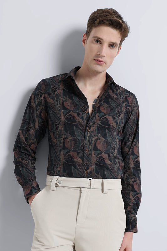 Premium Cotton-blend Digital Print Shirt Brown Black