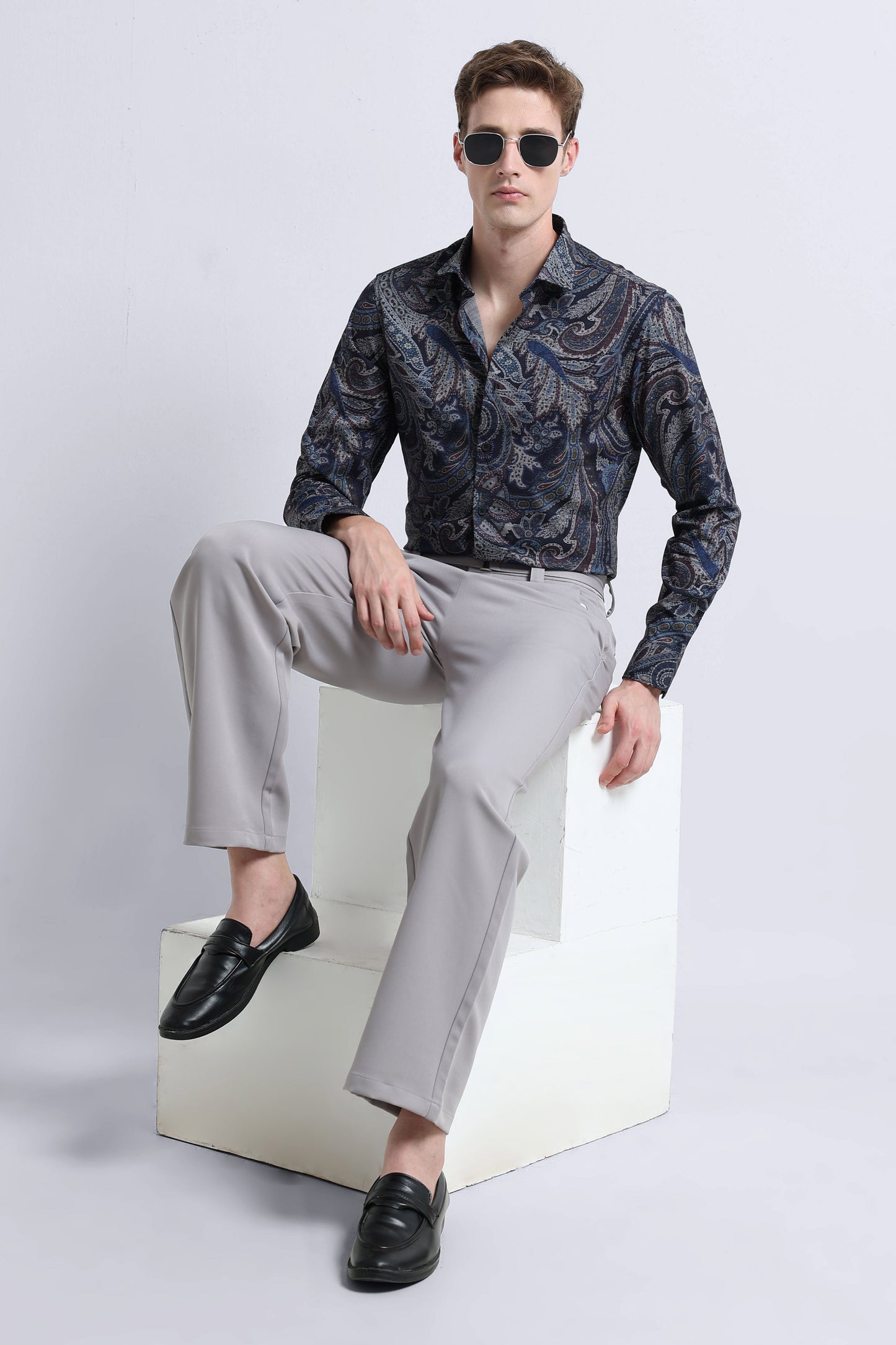 Contemporary Printed Cotton Blend Shirt Navy