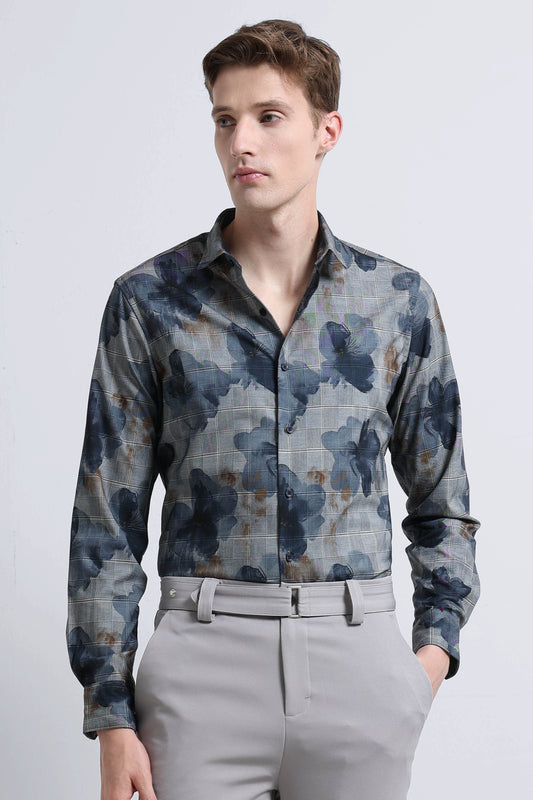 Premium Cotton-blend Digital Print Shirt Light Grey