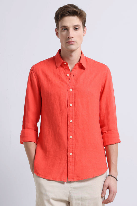 Classic Slim Fit Pure Linen Shirt Dark Peach