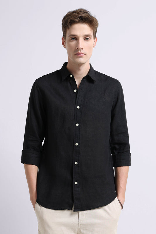 Classic Slim Fit Pure Linen Shirt Black