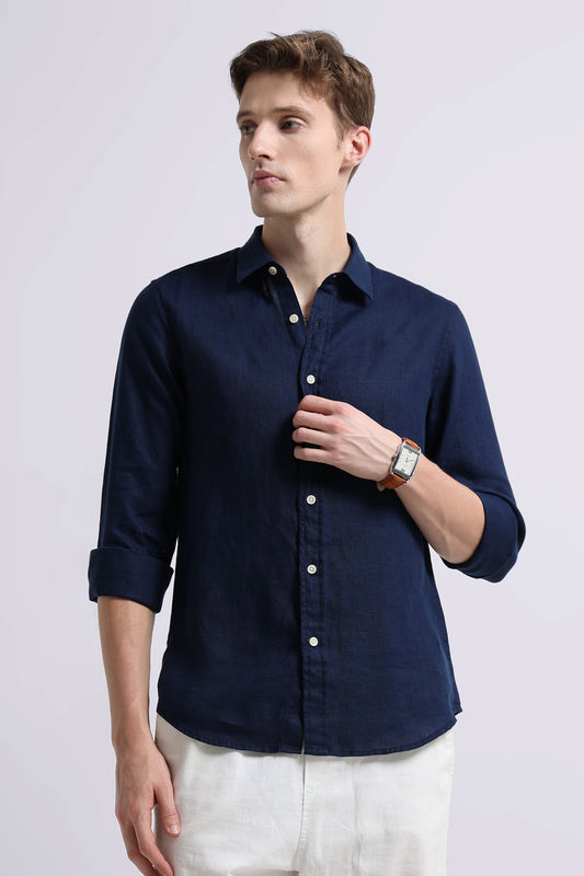 Classic Slim Fit Pure Linen Shirt Navy
