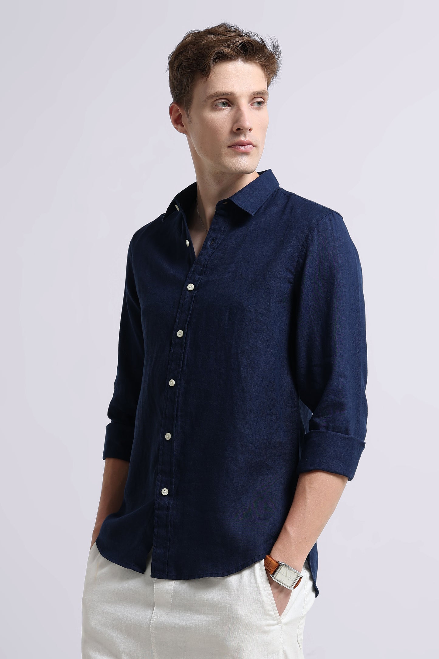 Classic Slim Fit Pure Linen Shirt Navy
