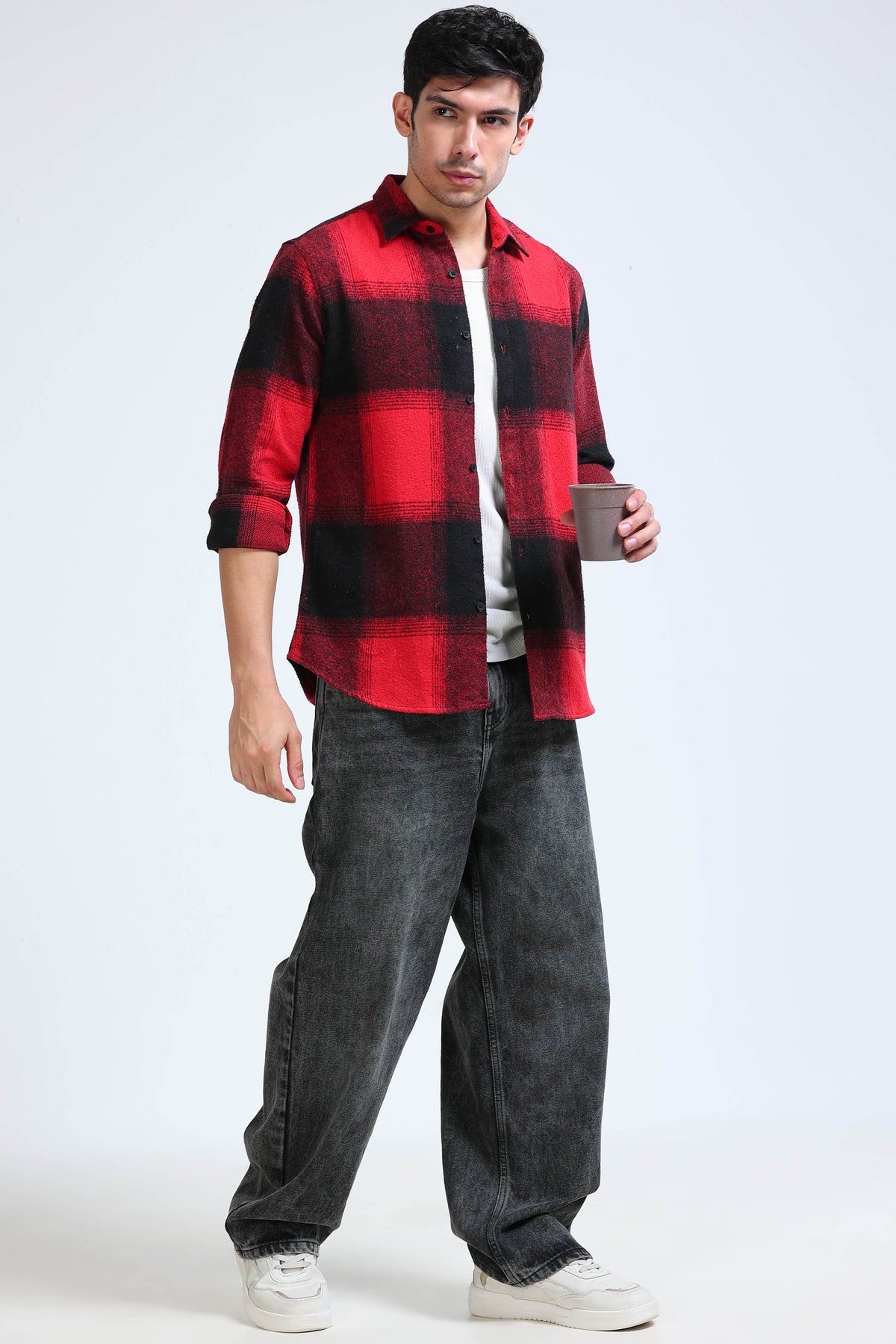 Brushing Checks Flannel Shirt Red