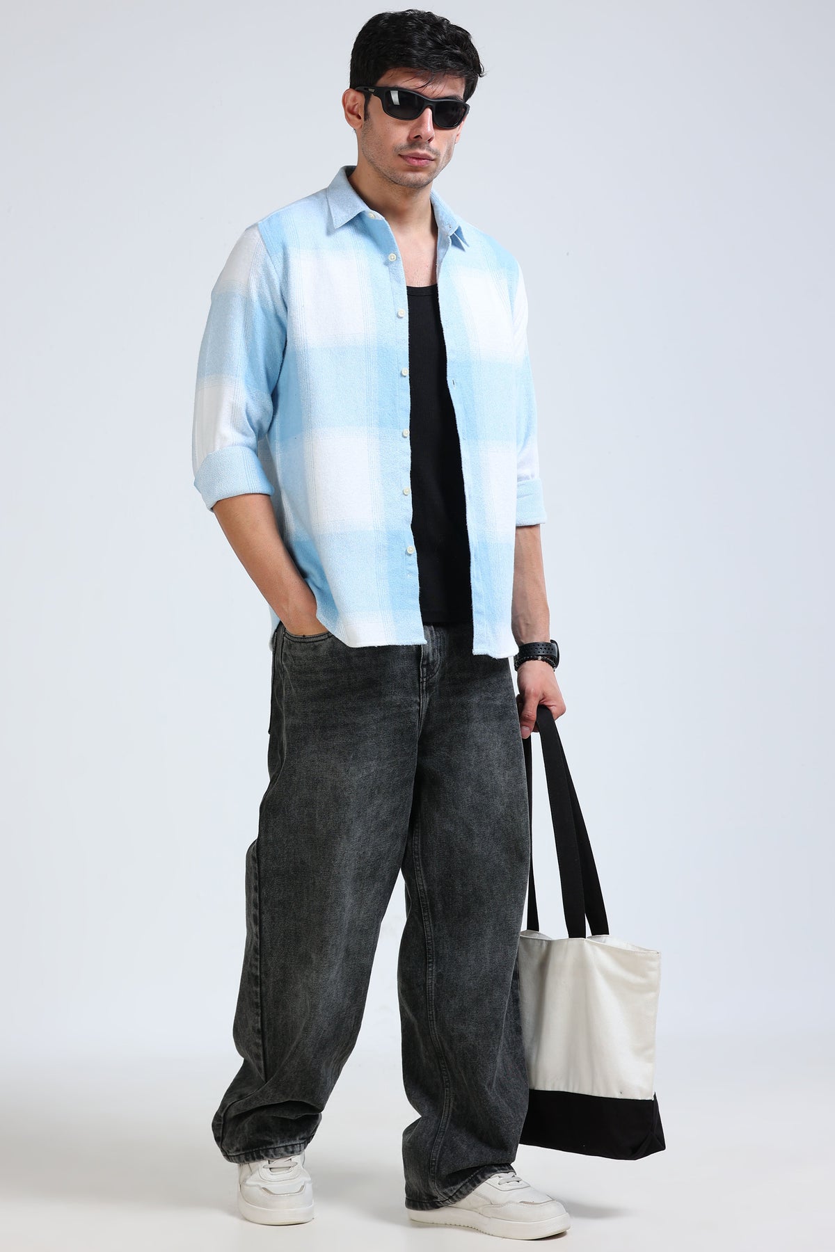 Brushing Checks Flannel Shirt Sky Blue