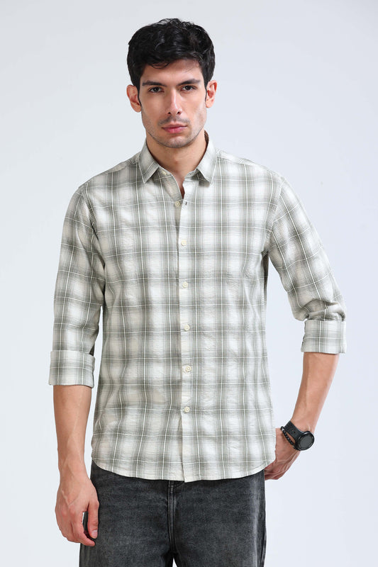 Green Cream Checked Shirt - Slim Fit