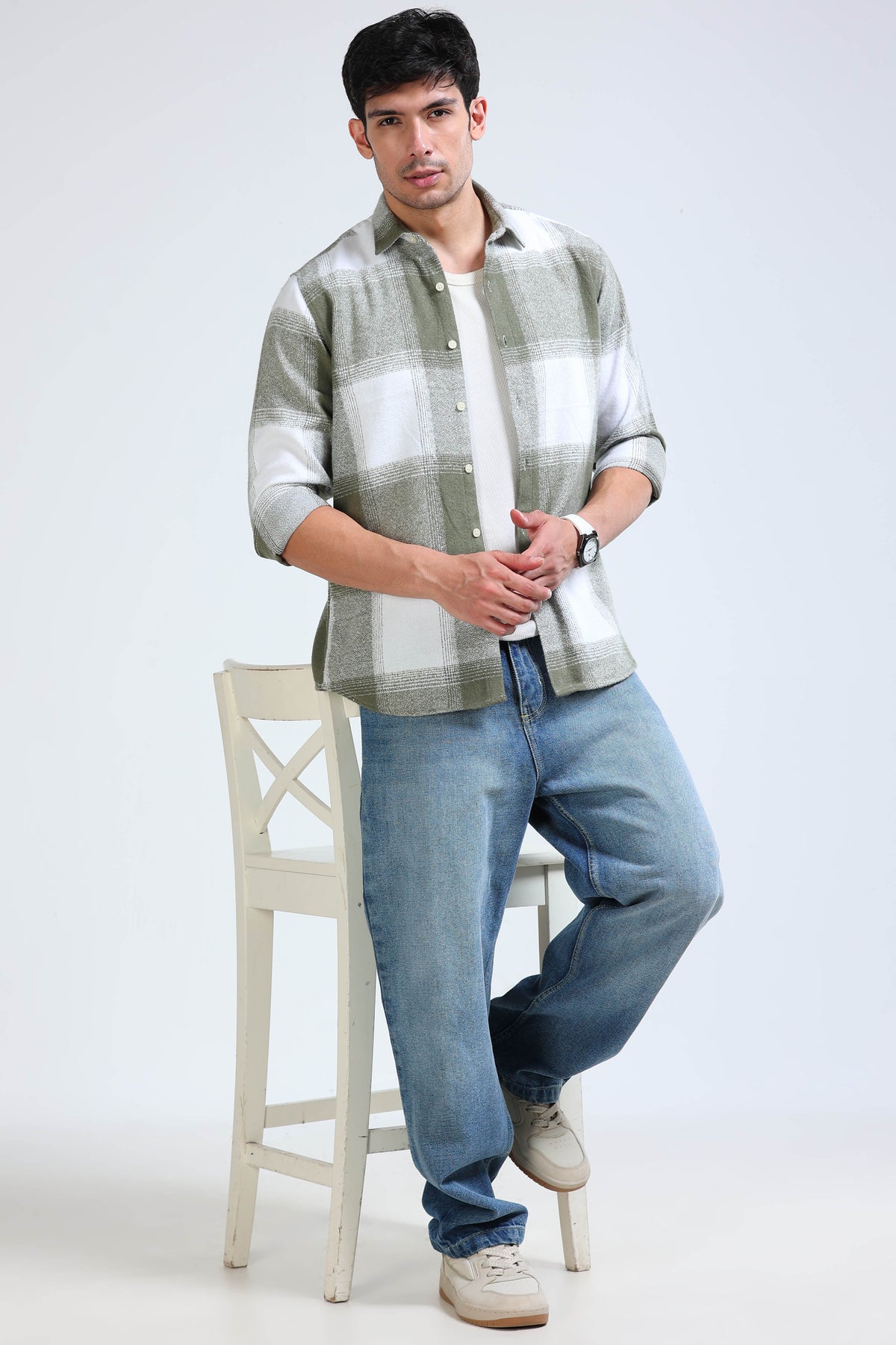 Brushing Checks Flannel Shirt Olive White