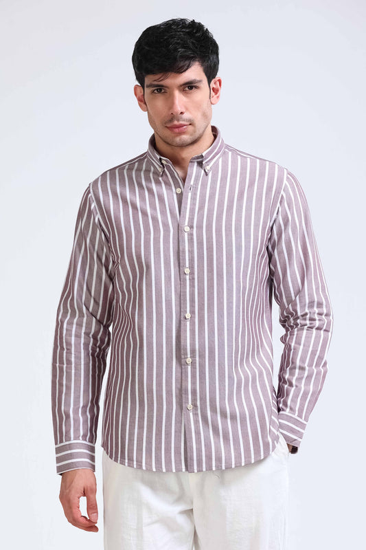 Maroon White Striped Shirt - Slim Fit