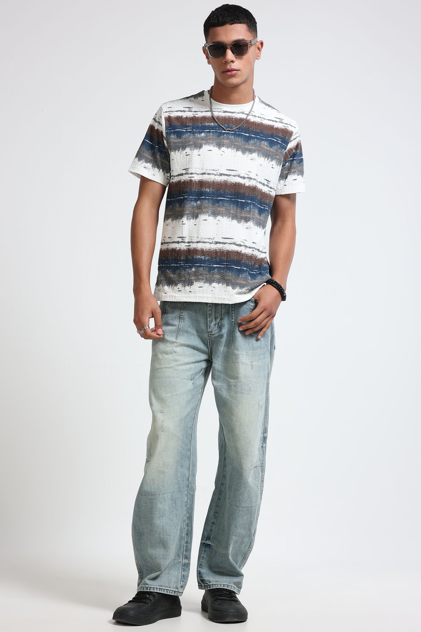 Brush Stroke Print Crew Neck White T-Shirt
