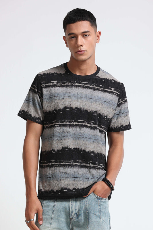 Brush Stroke Print Crew Neck Grey T-Shirt