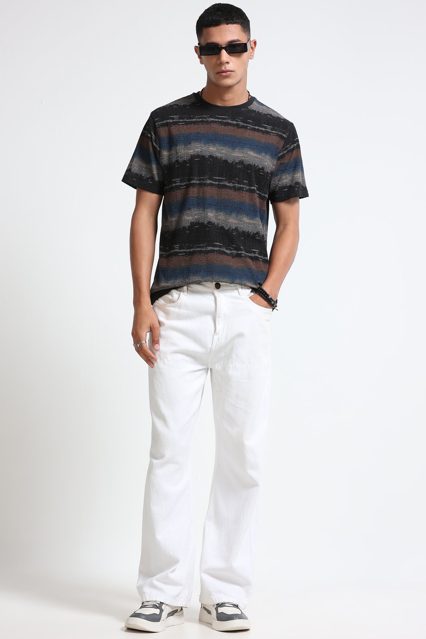 Brush Stroke Print Crew Neck Blue T-Shirt