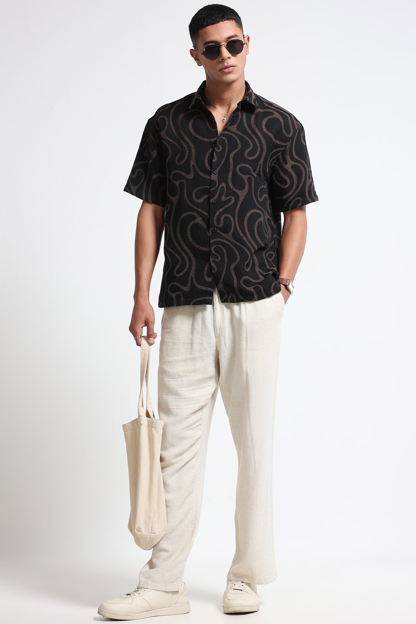 Beige Black Jacquard Boxy Fit Shirt