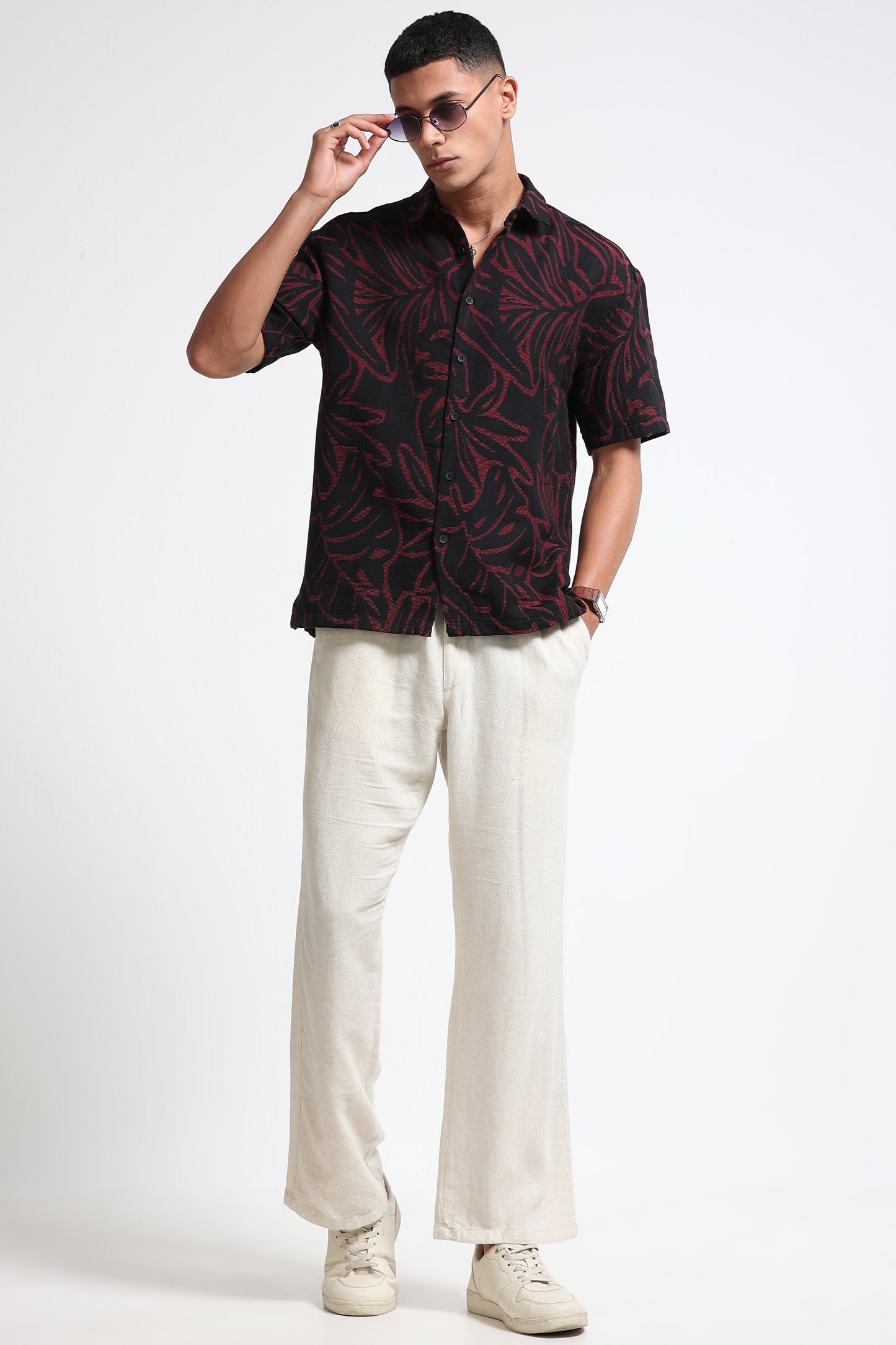 Red Black Jacquard Boxy Fit Shirt