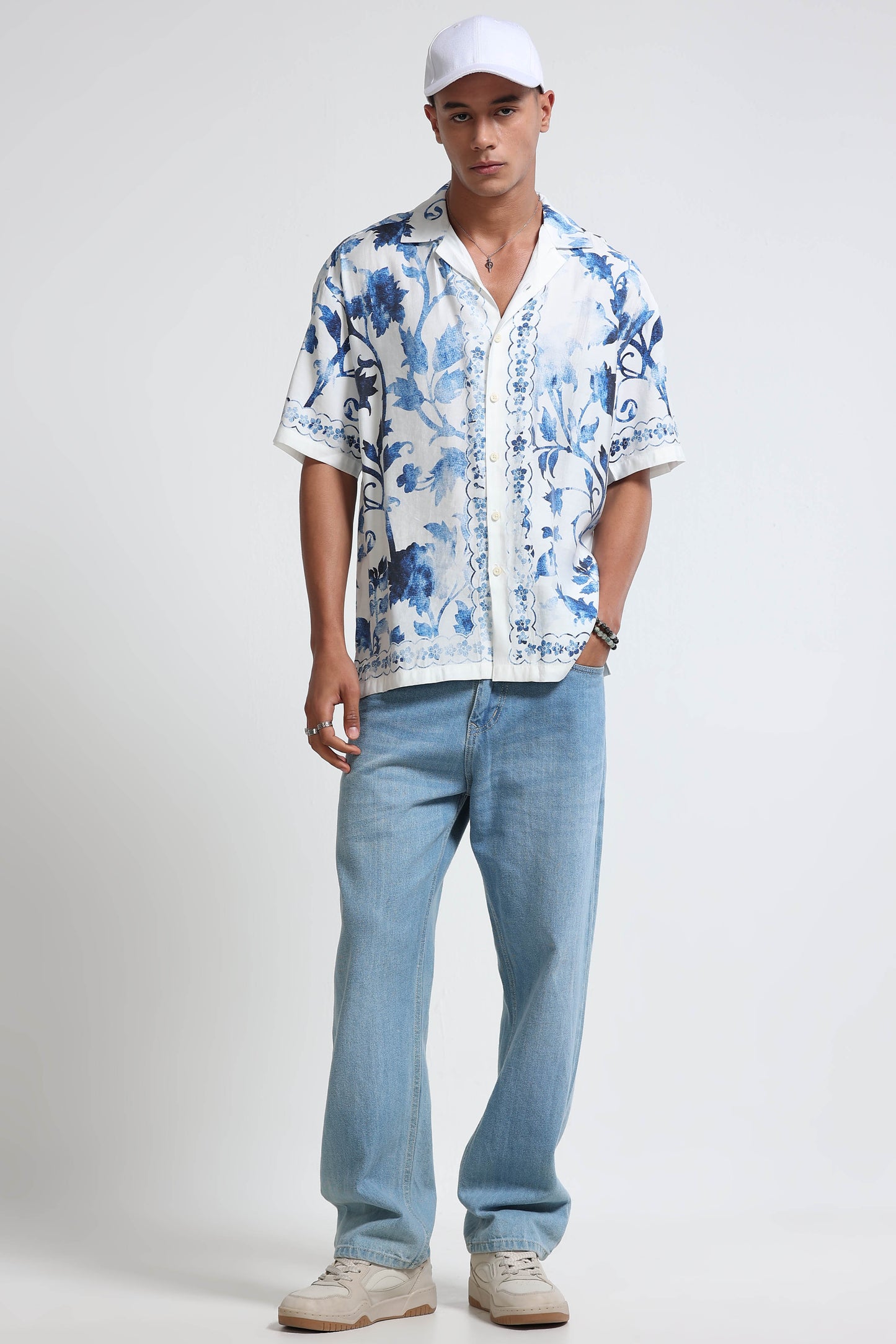 Oversized Panel Print Shirt Blue White