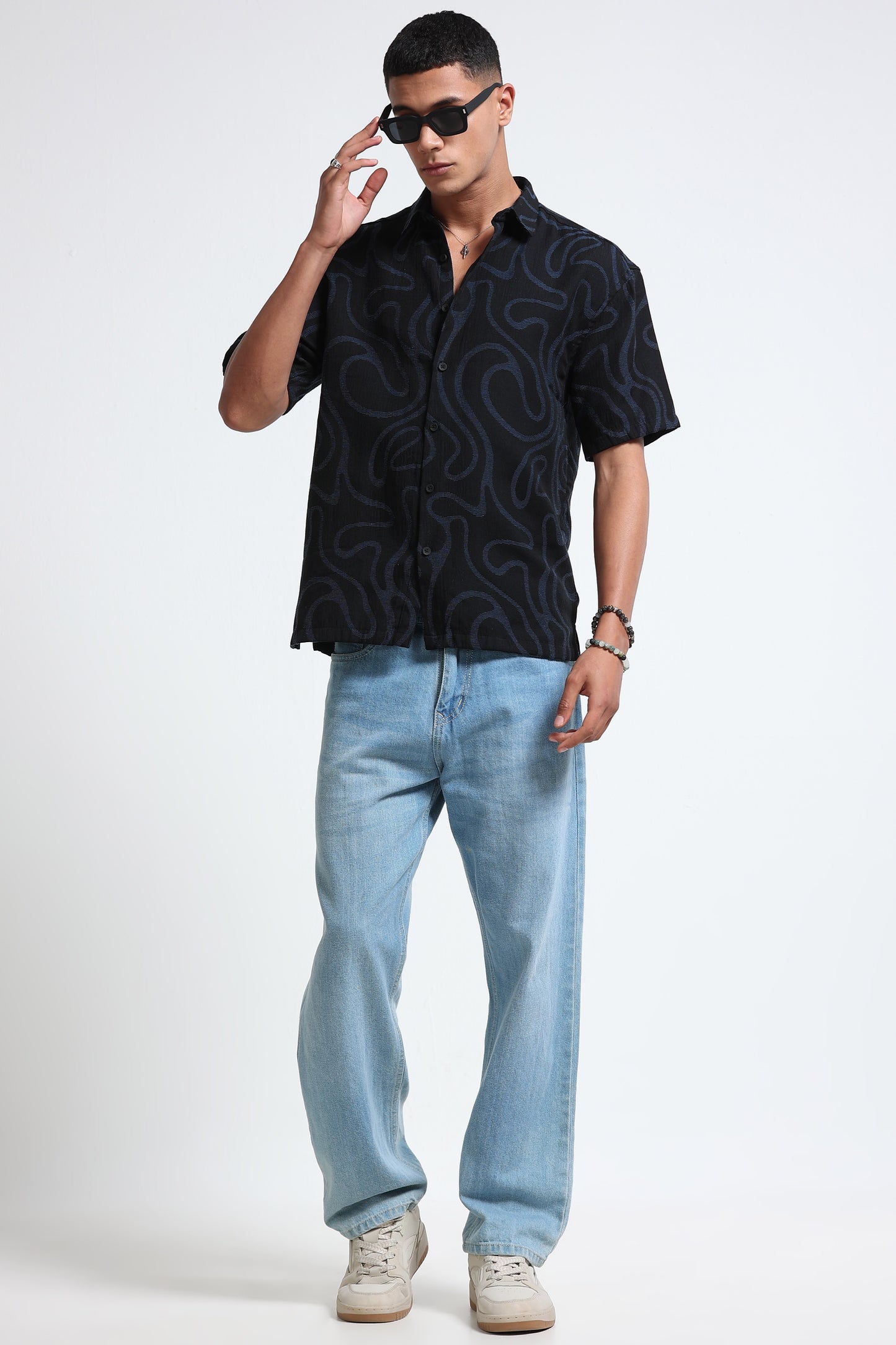Black Blue Jacquard Boxy Fit Shirt