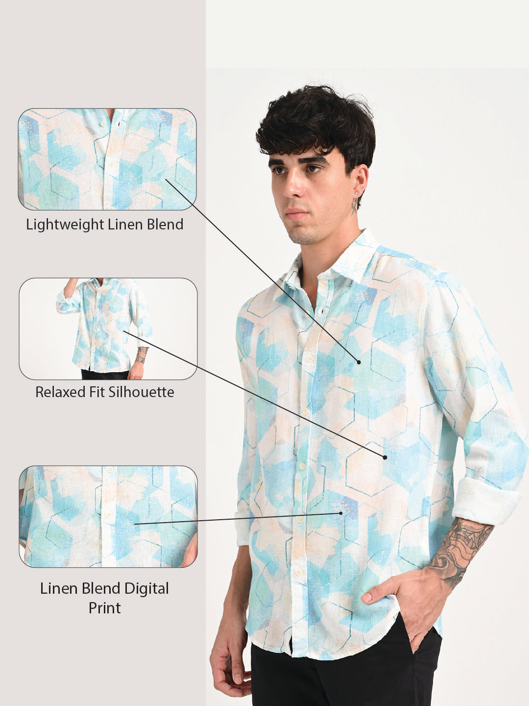 Digital Print Linen Blend Shirt Lt Blue