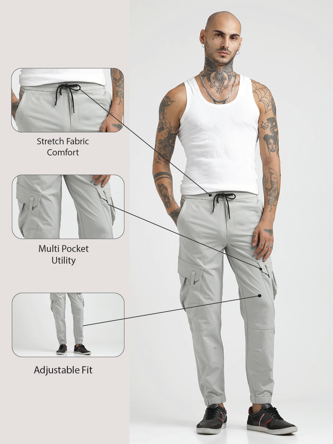 Utility Trousers with Elastic Edges Lt grey